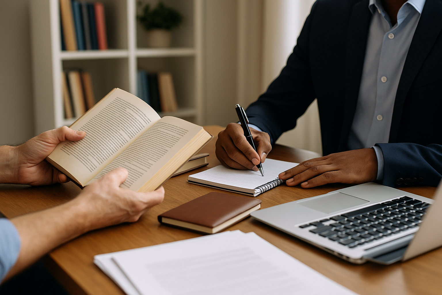 Two people collaborating at a desk, one reading a book and the other writing notes beside a laptop, symbolizing ghostwriting partnership.