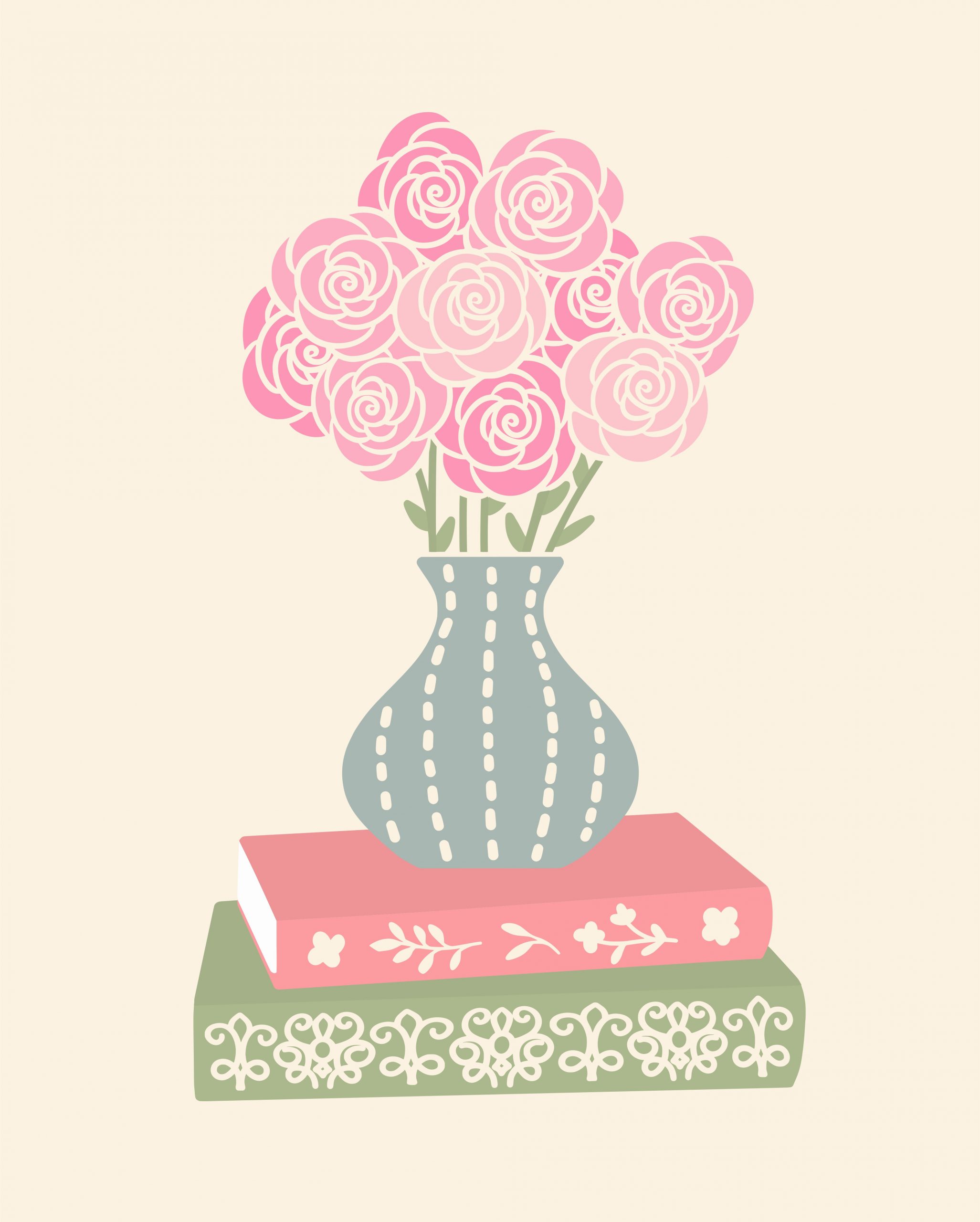 Pastel illustration of pink roses in a dotted vase sitting on two decorative books