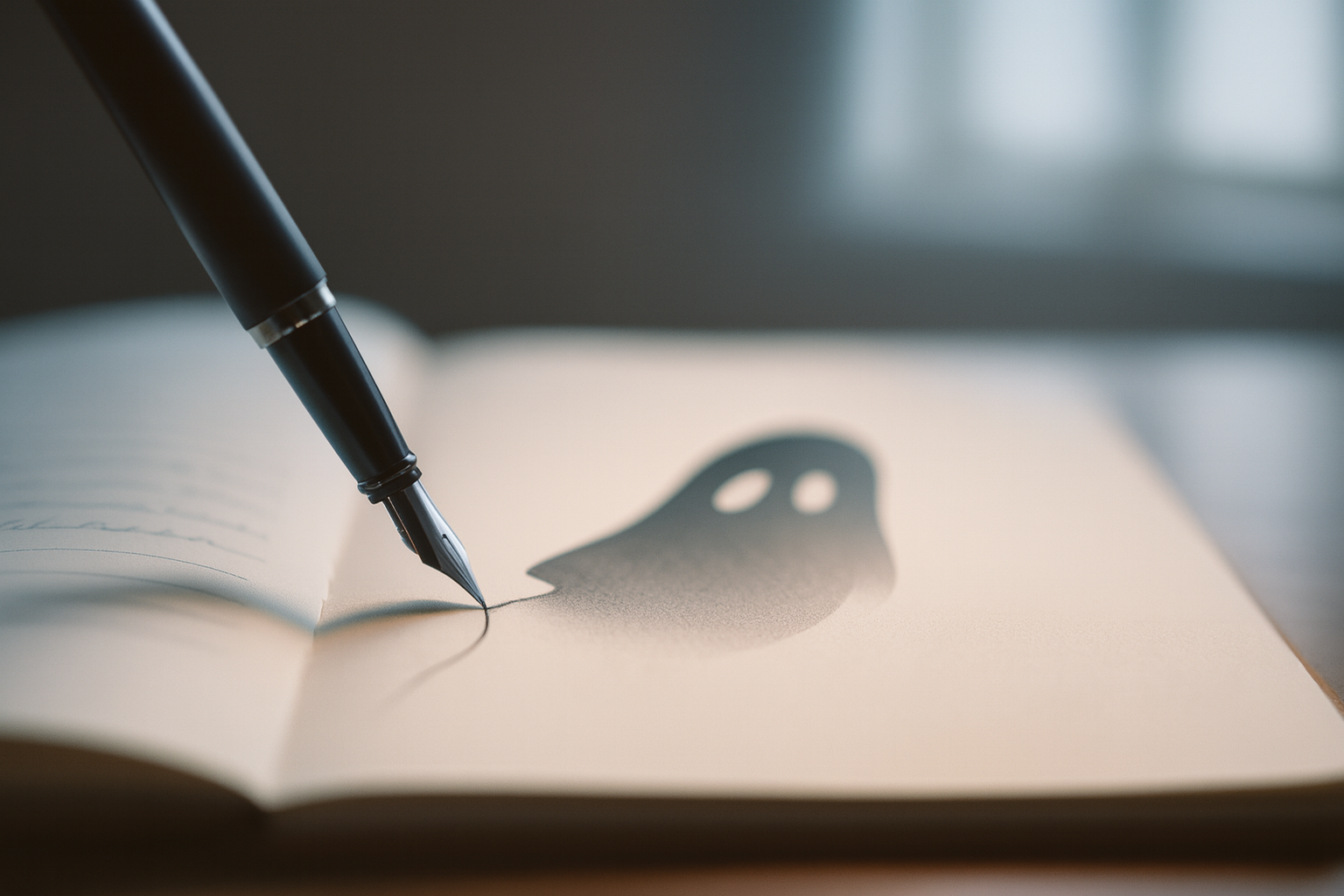 Fountain pen drawing a line in an open notebook, casting a small ghost-shaped shadow — a visual metaphor for ghostwriting and book editing services.
